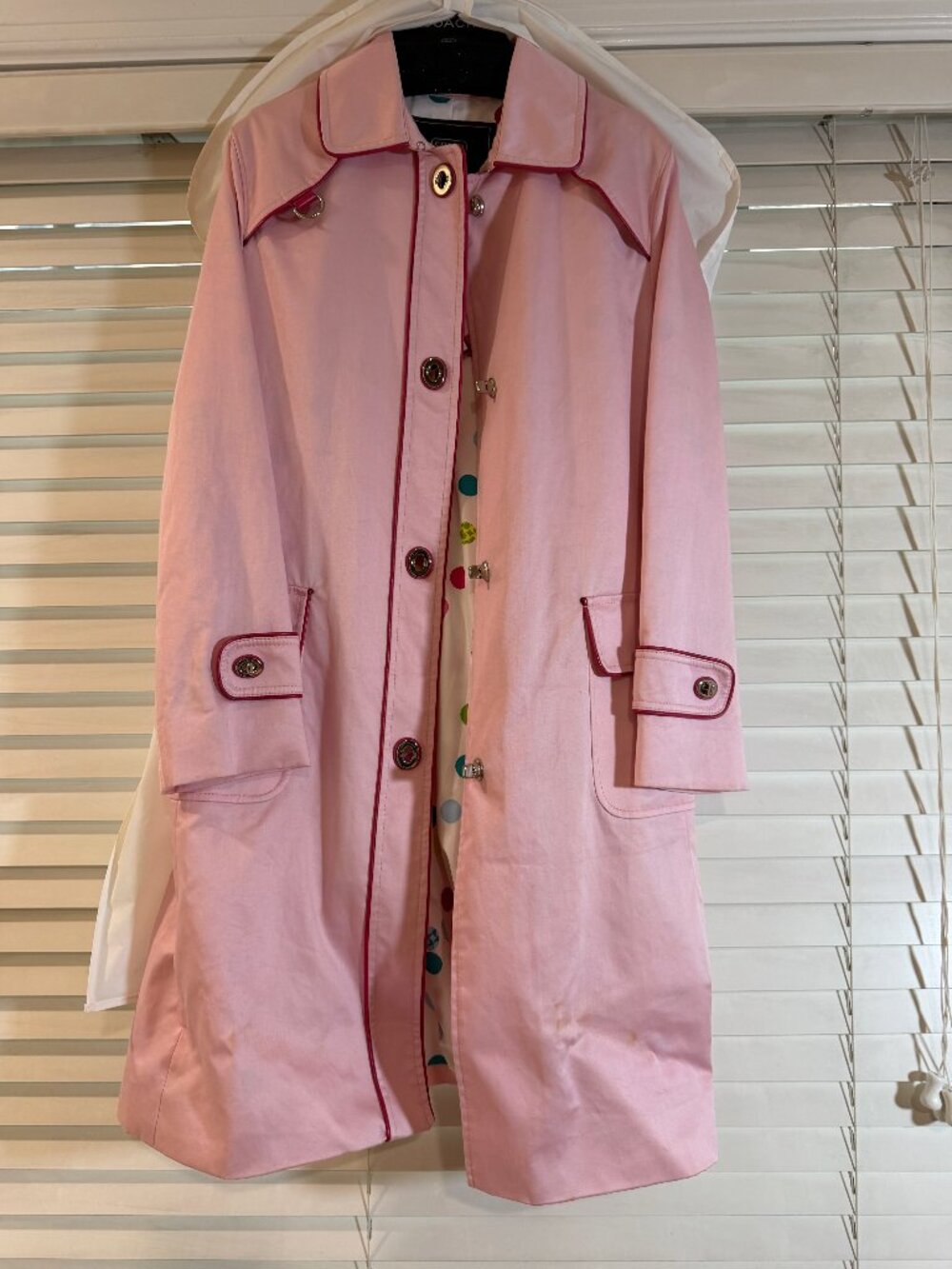 Coach Pink Trench Coat Leather Trim Polka Dot Lining Size 10 NWT